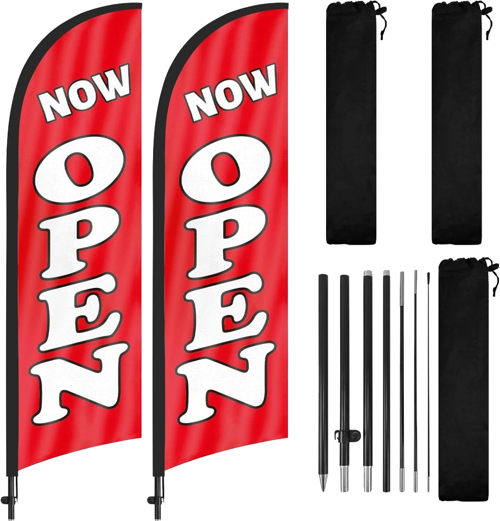 8FT Now Open Advertising Feather Banner Sign for Business 2Pack(Red)