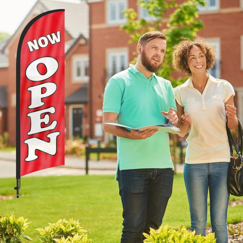 8FT Now Open Advertising Feather Banner Sign for Business 2Pack(Red)