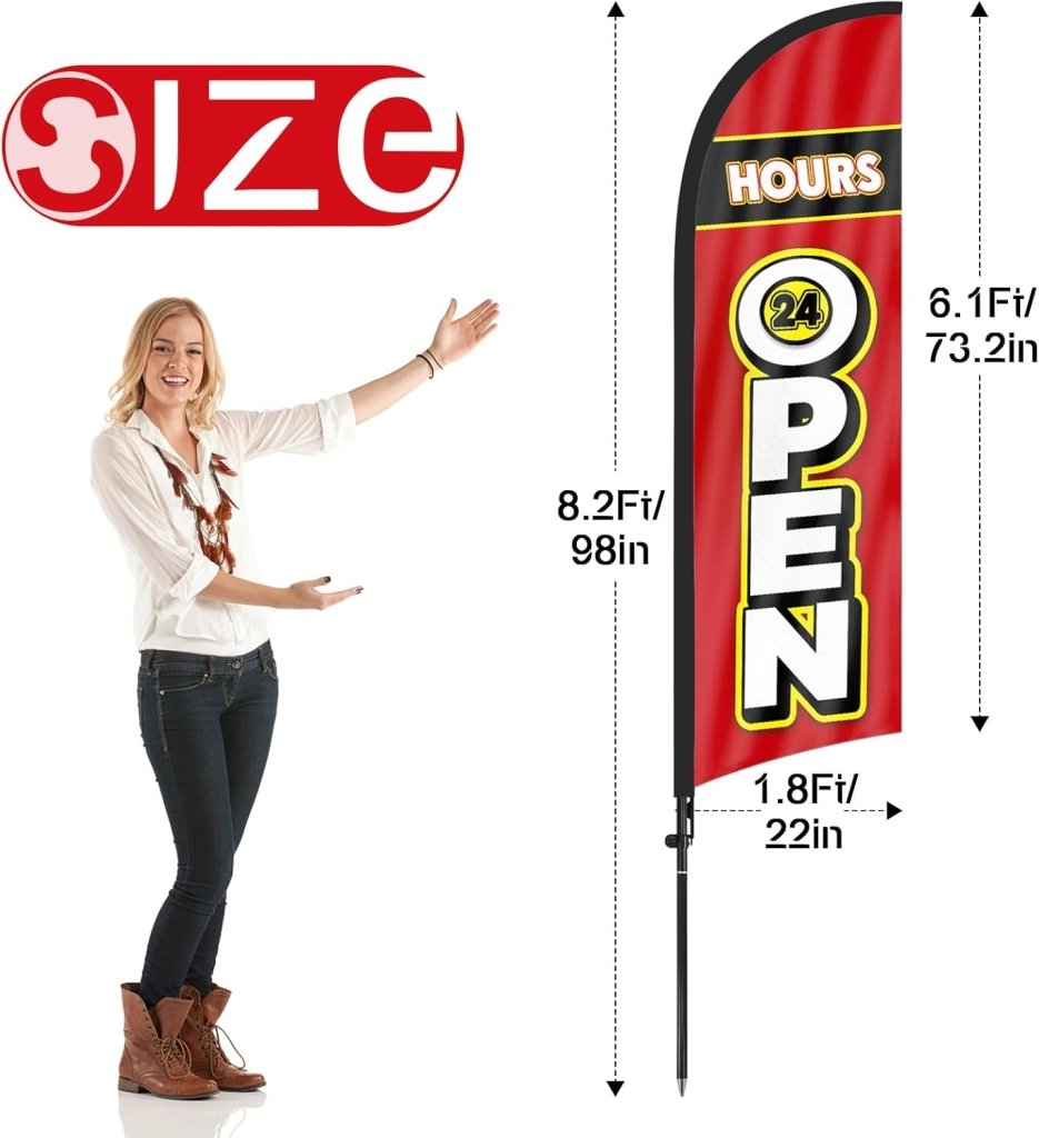 8Ft OPEN 24 Hours feather flag with pole and ground stake