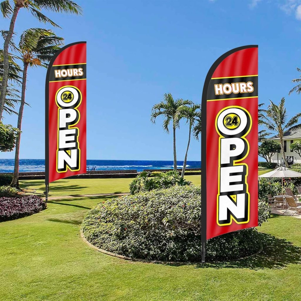 8Ft OPEN 24 Hours feather flag with pole and ground stake