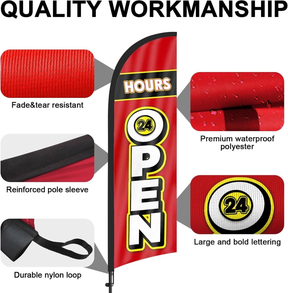 8Ft OPEN 24 Hours feather flag with pole and ground stake