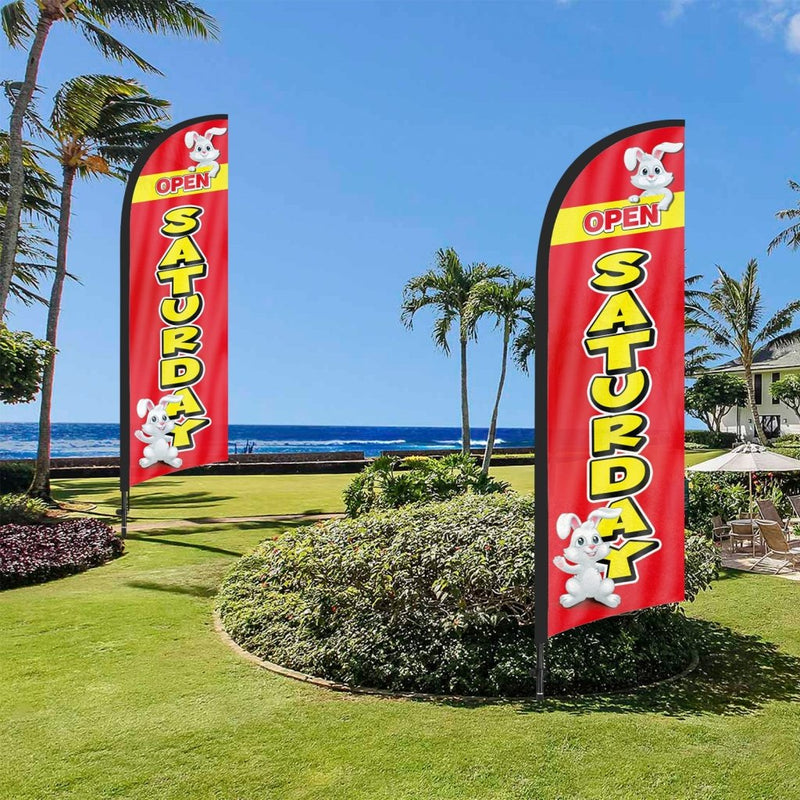 8Ft Red Open Saturday Feather Flag with Pole & Stake