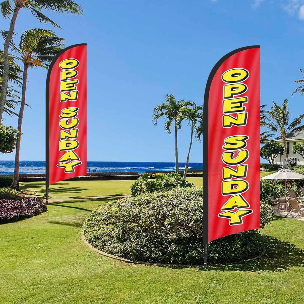8Ft Red Open Sunday Feather Flag with Pole & Stake