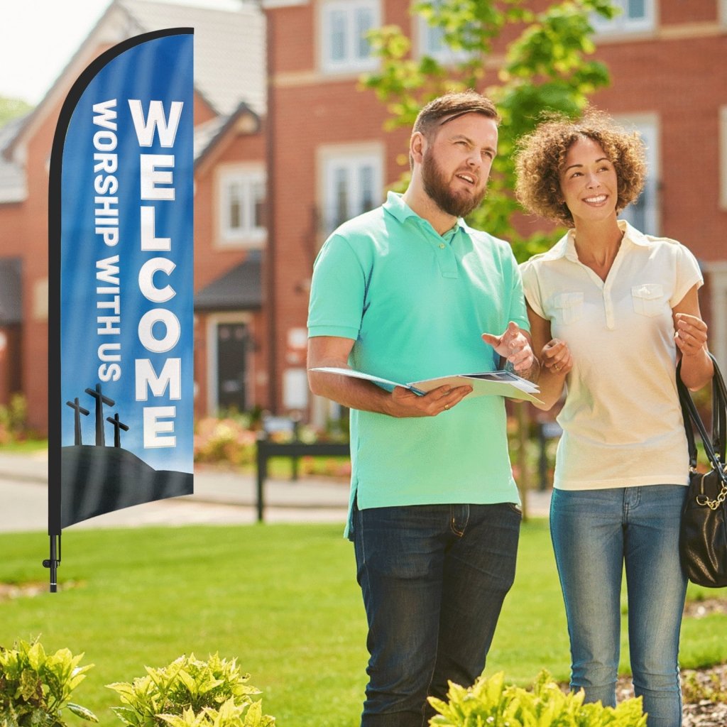 8ft Welcome Worship with Us 01 Feather Flag Pole Kit