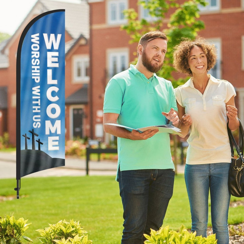 8ft Welcome Worship with Us 01 Feather Flag Pole Kit