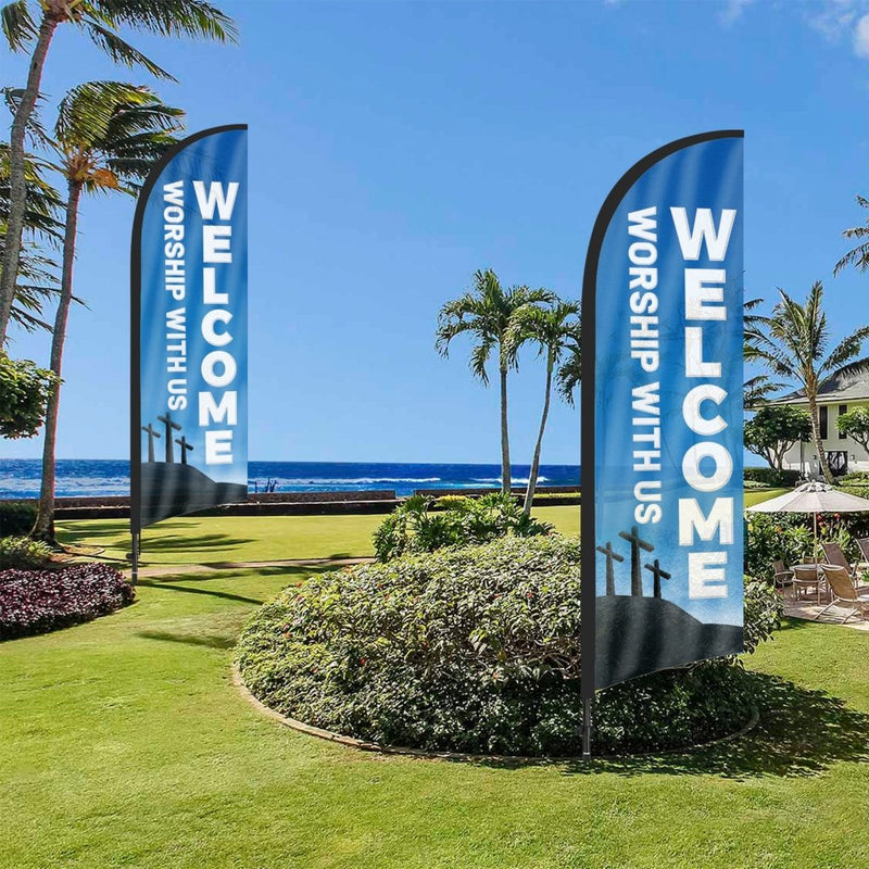 8ft Welcome Worship with Us 01 Feather Flag Pole Kit