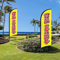 8Ft Yellow Open Saturday Feather Flag with Pole & Stake