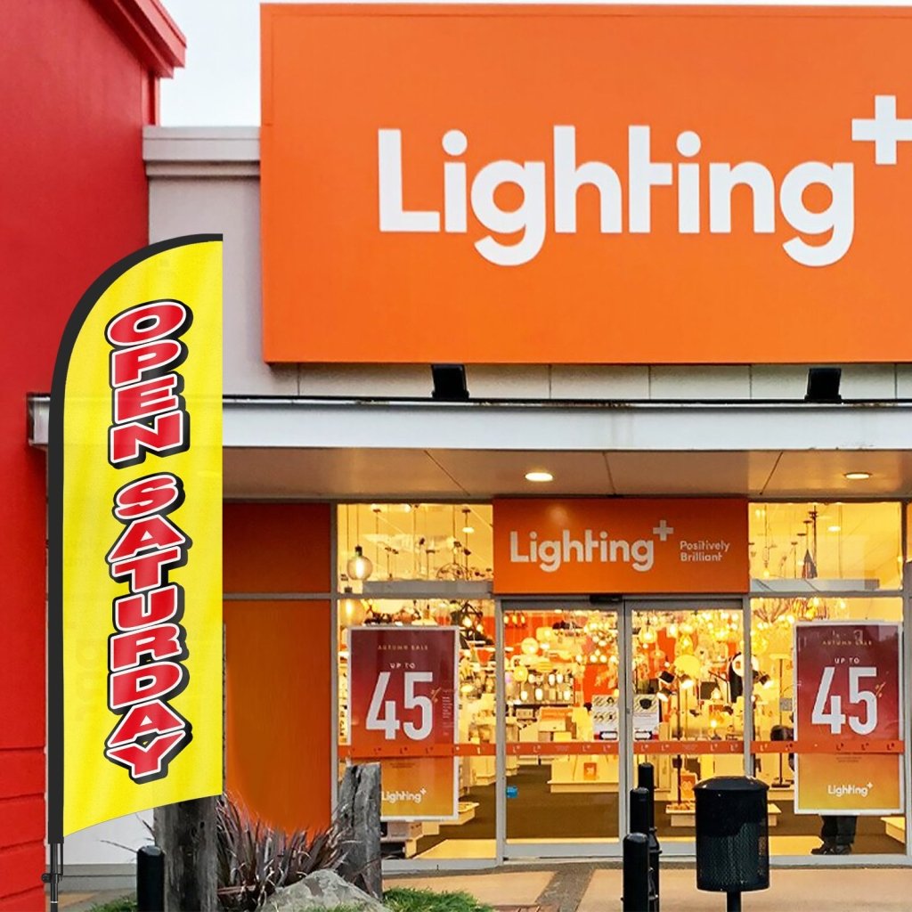 8Ft Yellow Open Saturday Feather Flag with Pole & Stake