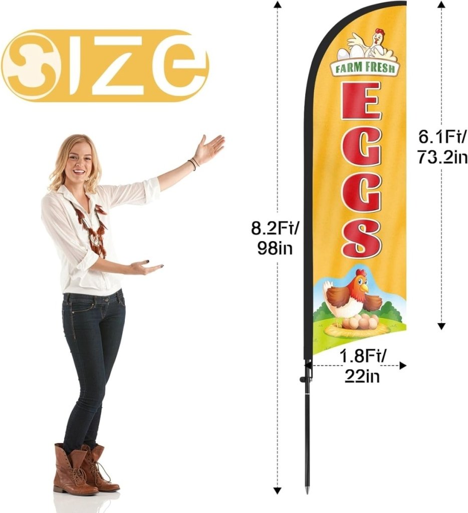 Eggs For Sale Sign Flag Kit - 8ft Farm Fresh Eggs Feather Flag with Pole and Stake - FSFlag