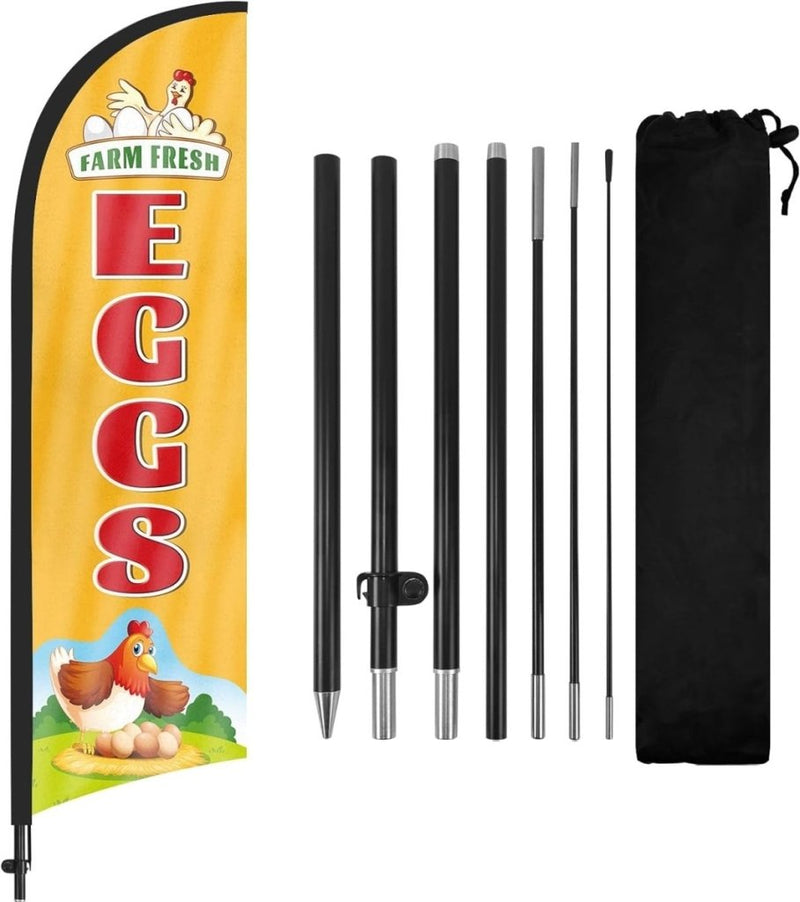 Eggs For Sale Sign Flag Kit - 8ft Farm Fresh Eggs Feather Flag with Pole and Stake - FSFlag
