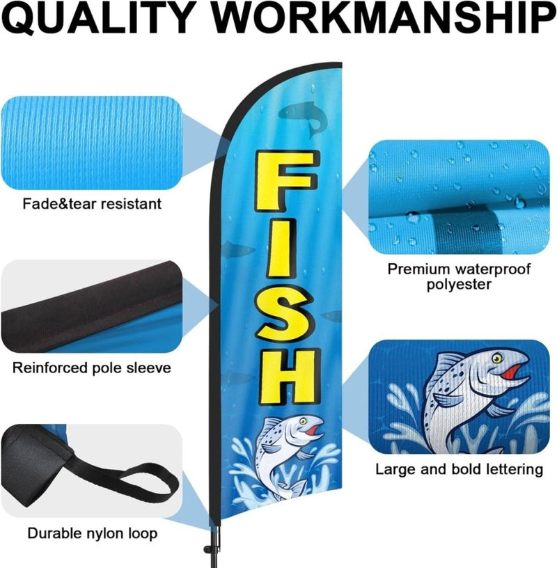 Fish Sign Flag Kit - 8ft Fish Feather Flag with Pole and Stake - FSFlag