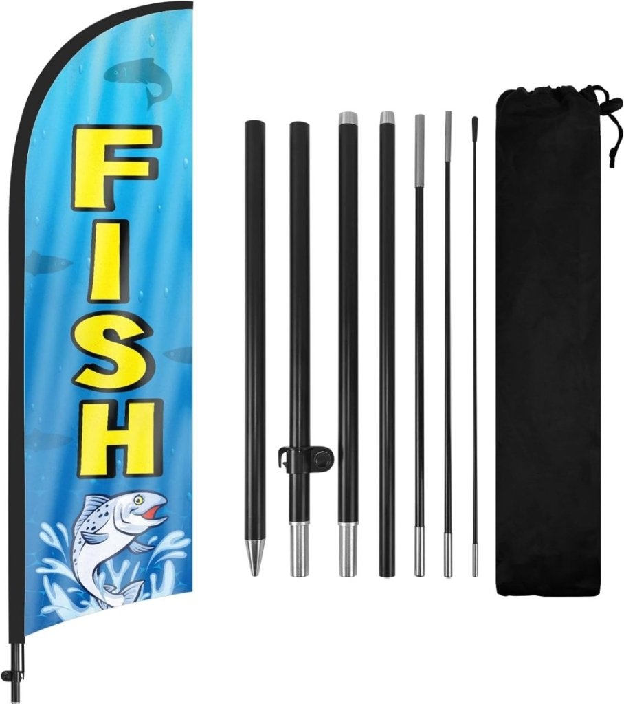 Fish Sign Flag Kit - 8ft Fish Feather Flag with Pole and Stake - FSFlag