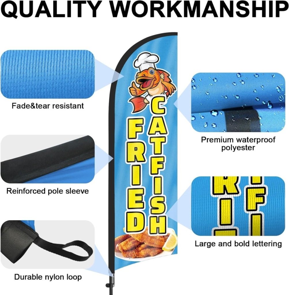 Fried Catfish Flag Kit - 8ft Fried Catfish Feather Flag with Pole and Stake - FSFlag