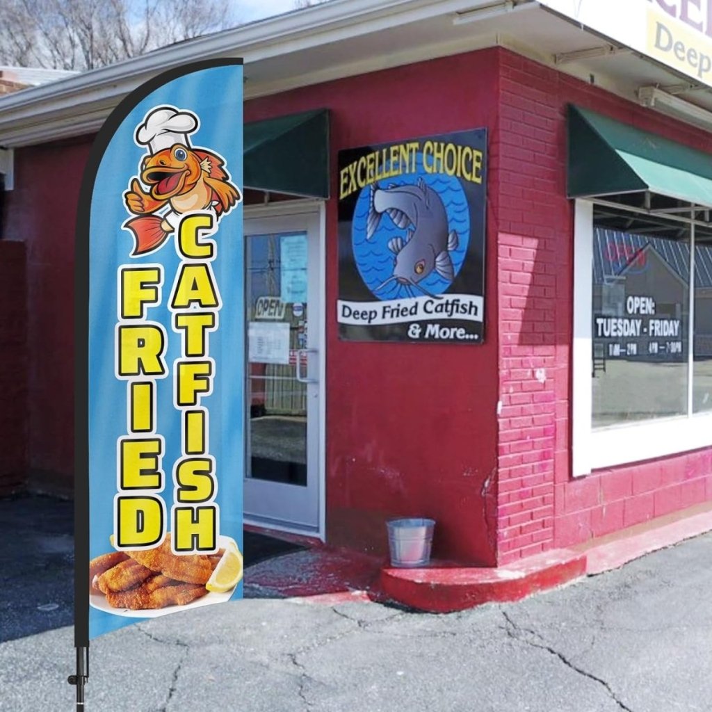 Fried Catfish Flag Kit - 8ft Fried Catfish Feather Flag with Pole and Stake - FSFlag