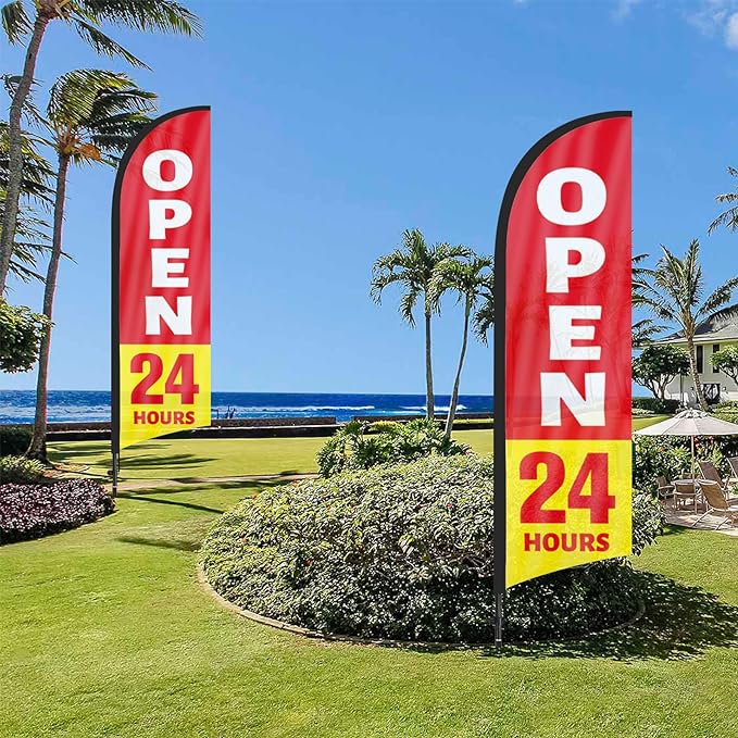 FSFLAG 8Ft OPEN 24 Hours SIGN - feather flag with pole and ground stake - FSFlag