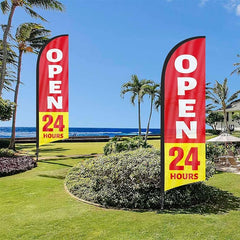 FSFLAG 8Ft OPEN 24 Hours SIGN - feather flag with pole and ground stake - FSFlag