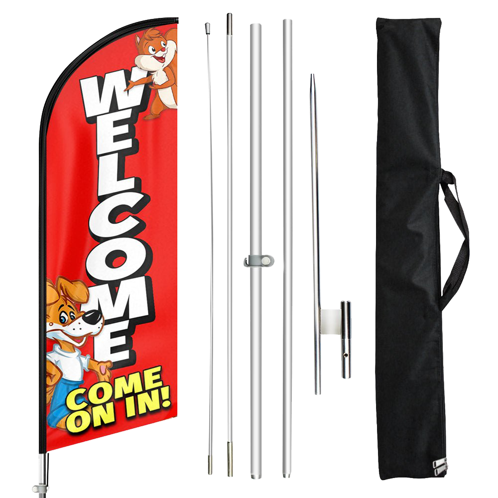 Welcome Come On In Sign-11ft Red Welcome Come Feather Flag Pole Kit