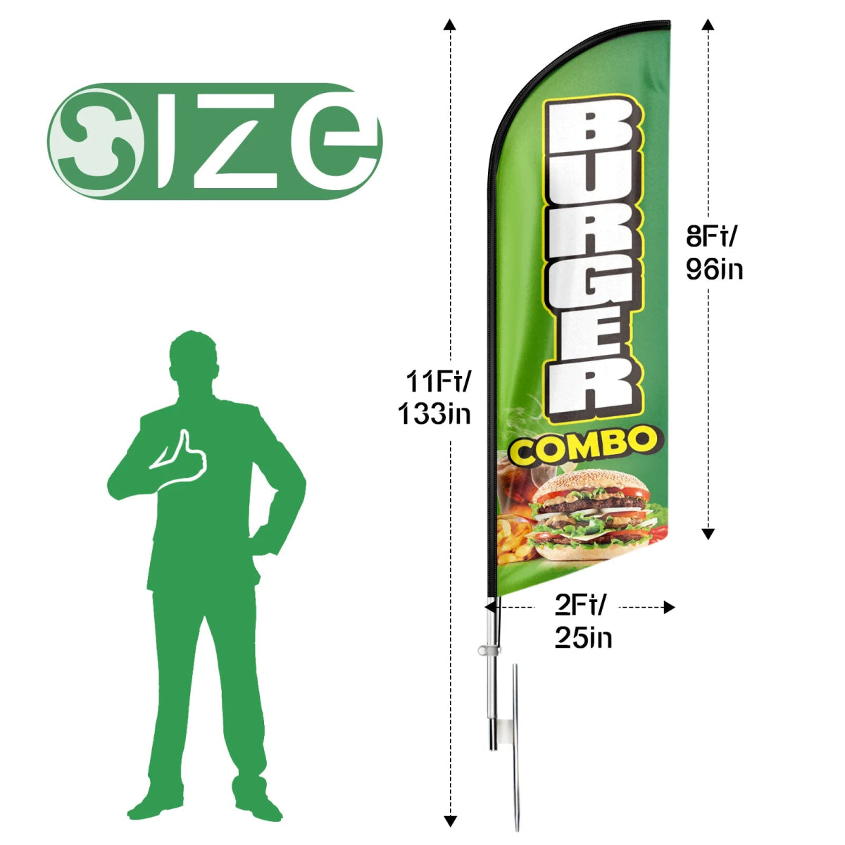 Burgers Sign - 11ft Burger Combo Swooper Flag Feather Flag Pole Kit - FSFlag