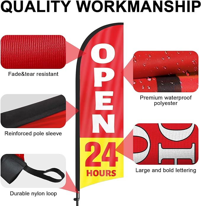 FSFLAG 8Ft OPEN 24 Hours SIGN - feather flag with pole and ground stake - FSFlag