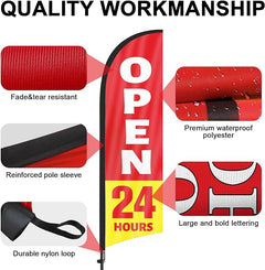FSFLAG 8Ft OPEN 24 Hours SIGN - feather flag with pole and ground stake - FSFlag