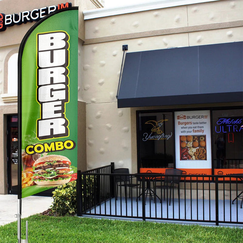Burgers Sign - 11ft Burger Combo Swooper Flag Feather Flag Pole Kit - FSFlag