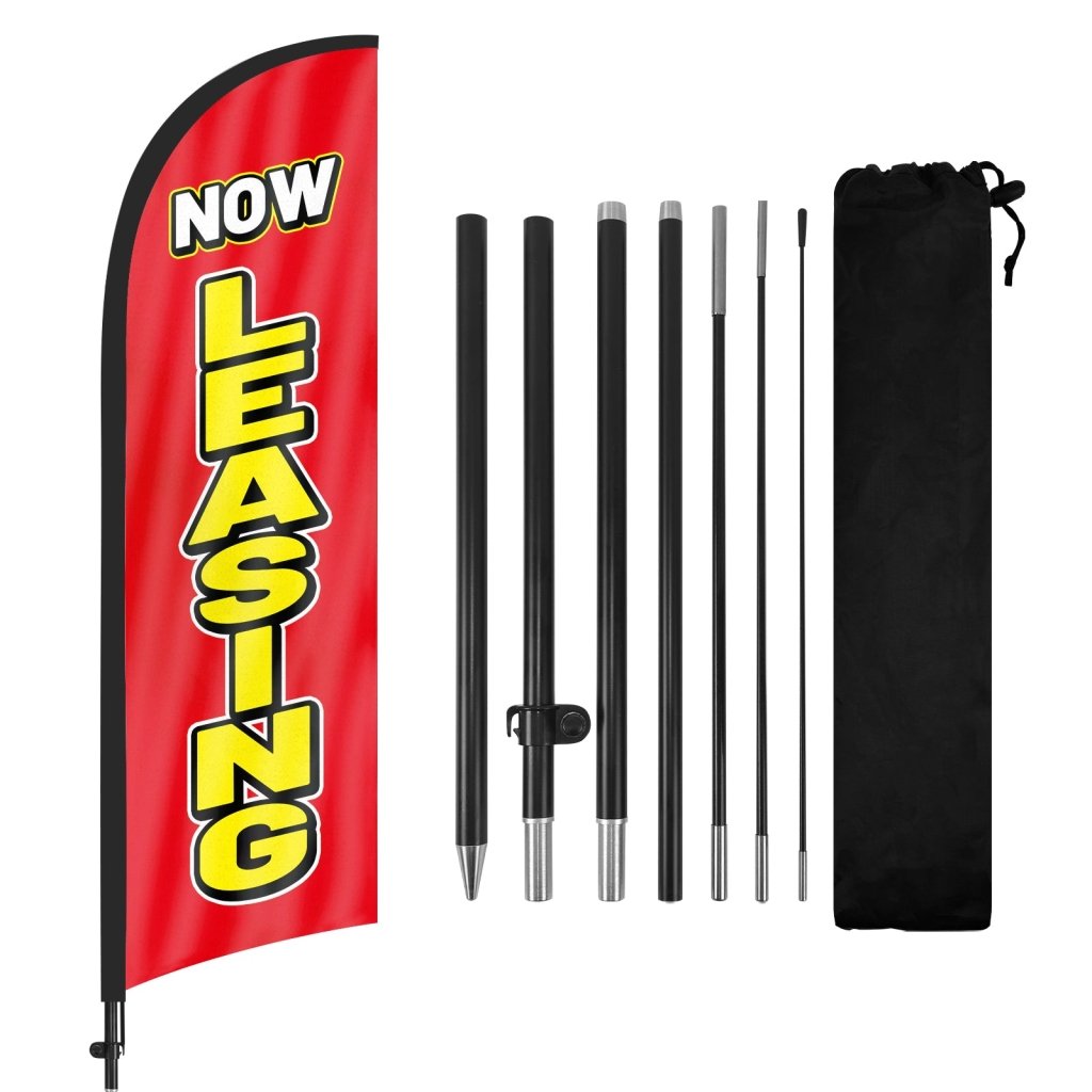 FSFLAG Red Now Leasing Swooper Feather Flag Pole Kit