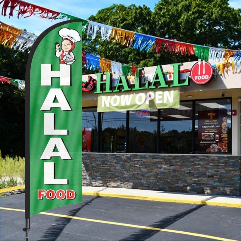 Halal Food Sign Flag Kit - 8ft Halal Food Feather with Pole and Stake - FSFlag