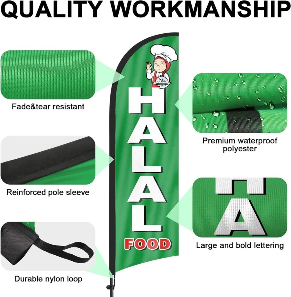 Halal Food Sign Flag Kit - 8ft Halal Food Feather with Pole and Stake - FSFlag