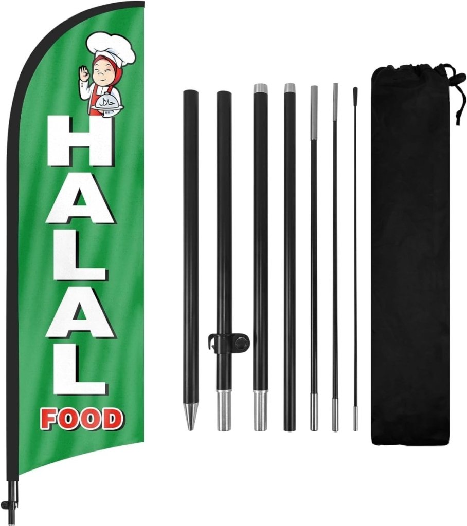 Halal Food Sign Flag Kit - 8ft Halal Food Feather with Pole and Stake - FSFlag