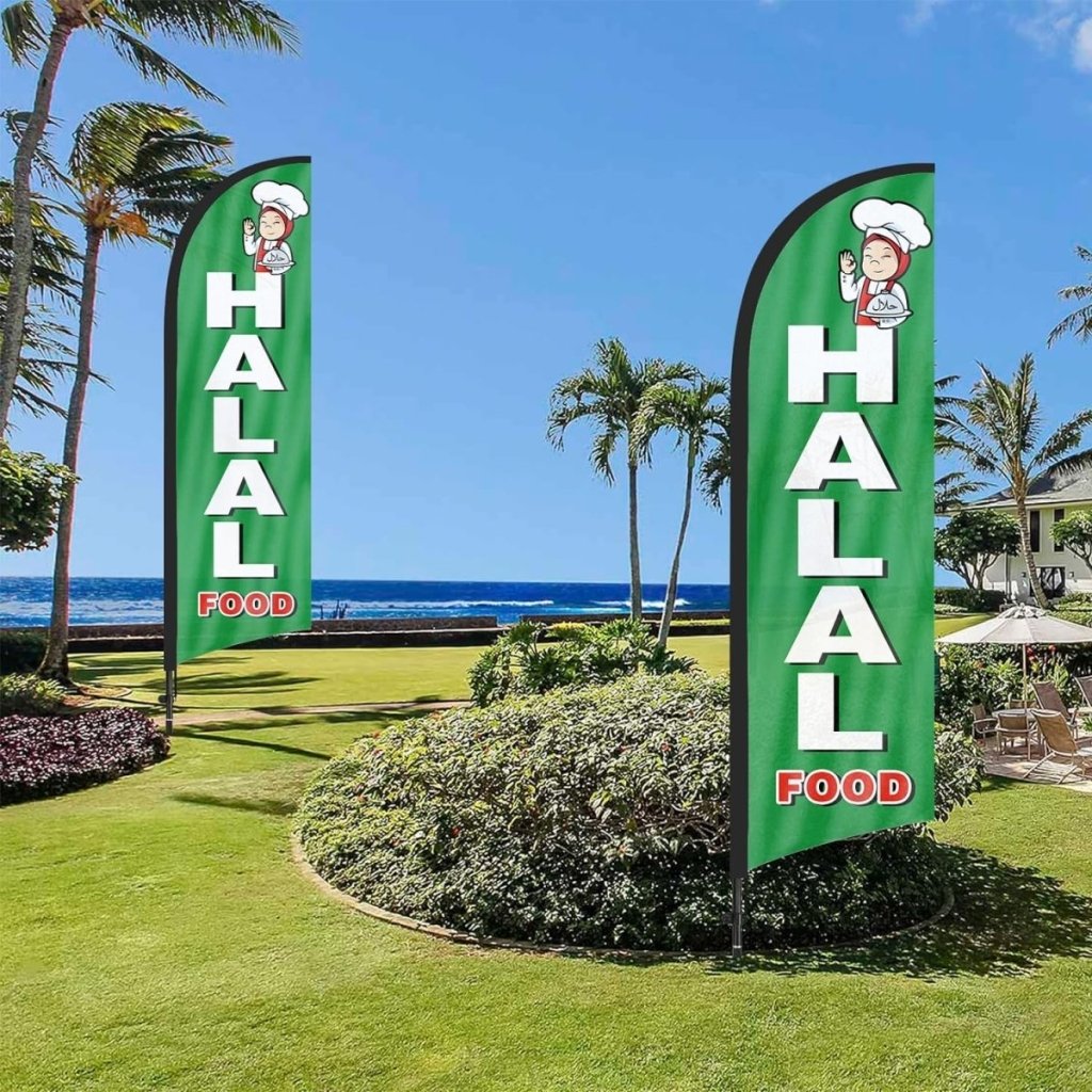 Halal Food Sign Flag Kit - 8ft Halal Food Feather with Pole and Stake - FSFlag