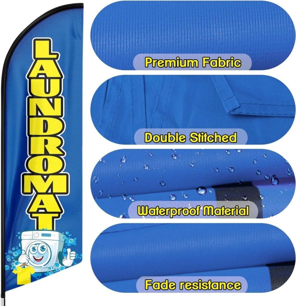 Laundromat Signs - 8ft Blue Laundromat Feather Flag for Laundromat Business（Flagpole Not Included） - FSFlag