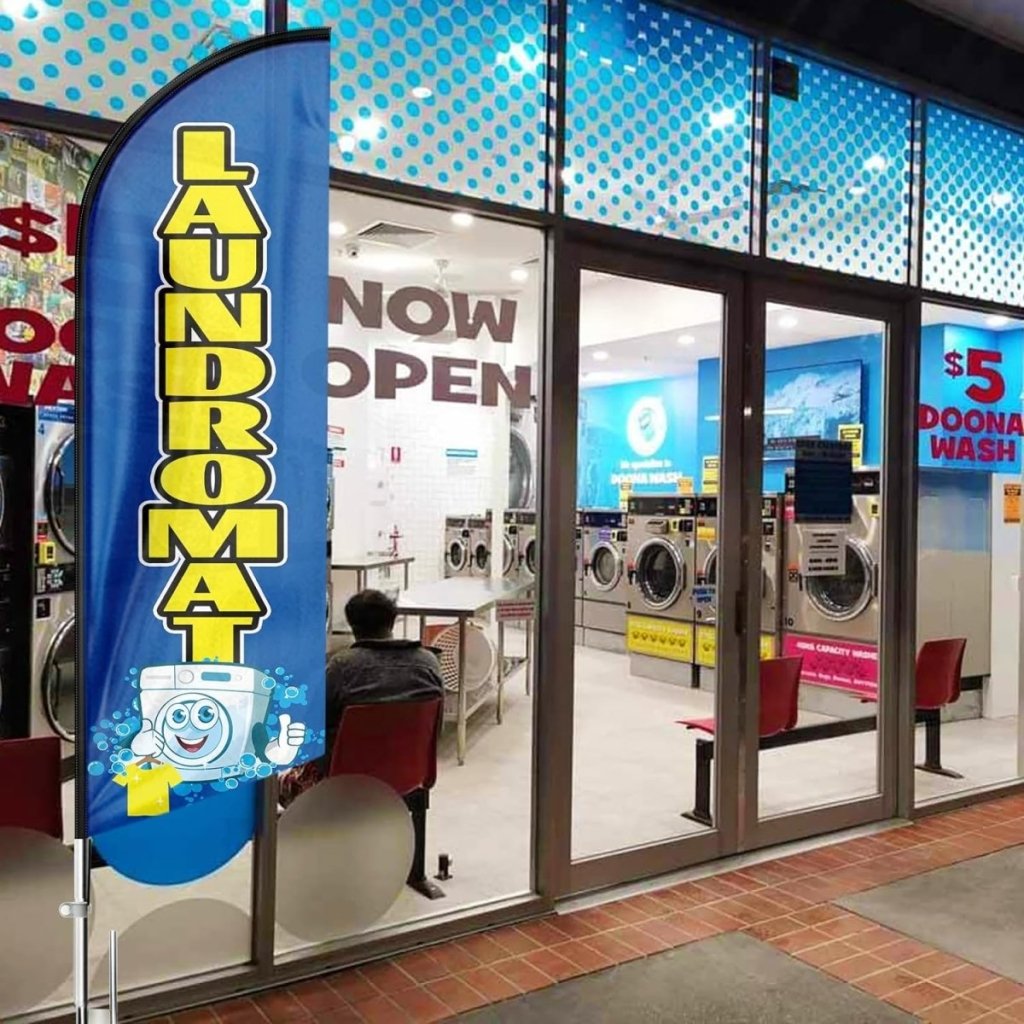 Laundromat Signs - 8ft Blue Laundromat Feather Flag for Laundromat Business（Flagpole Not Included） - FSFlag