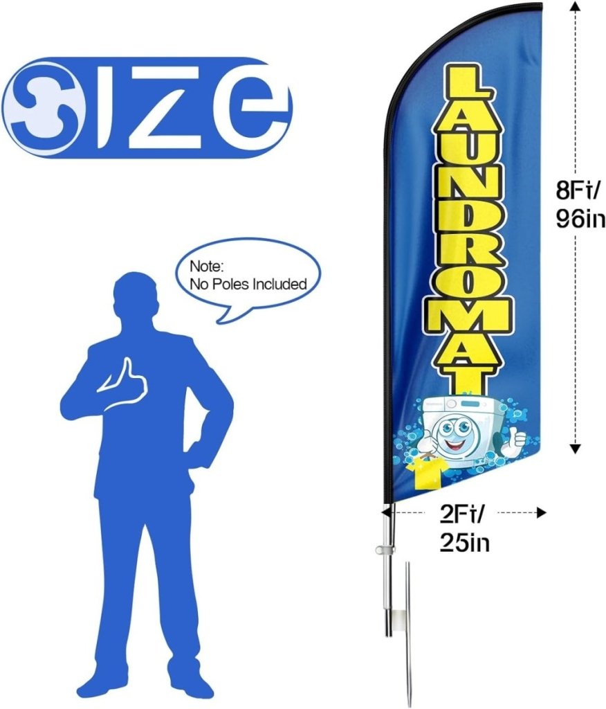 Laundromat Signs - 8ft Blue Laundromat Feather Flag for Laundromat Business（Flagpole Not Included） - FSFlag