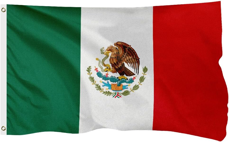 Mexico Mexican Flag for Outside, 400D Heavy Duty Polyester, Double - Sided Printing, Quadruple Stitched Fly Hem, Fade Resistant, 2 Brass Grommets