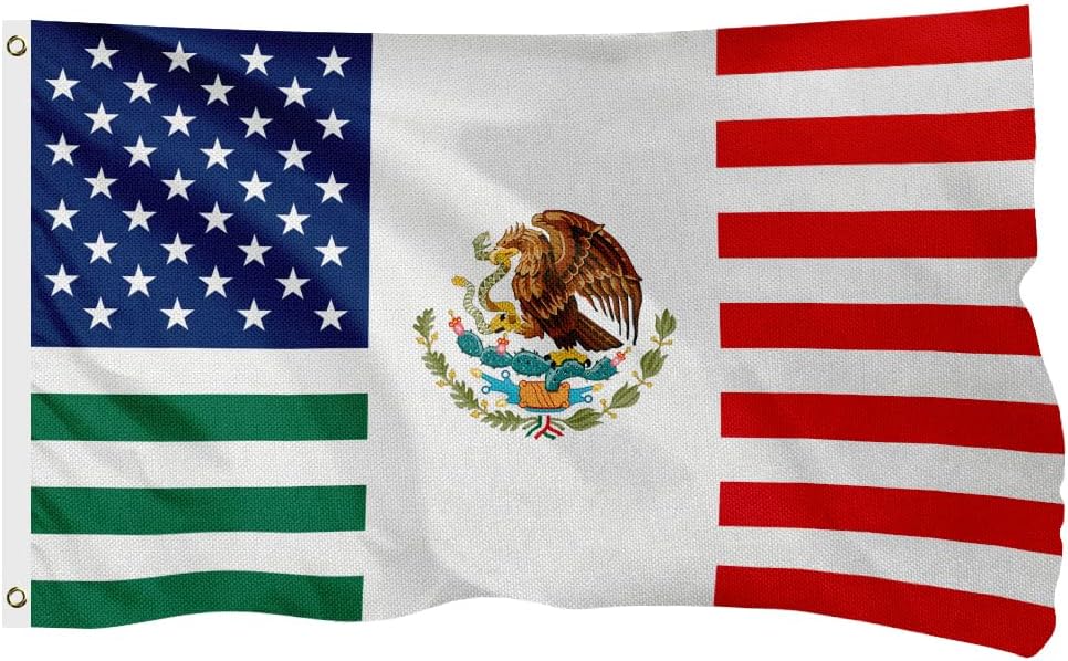 Mexico USA Friendship Flag for Outside, 400D Heavy Duty Polyester, Double - Sided Printing, Quadruple Stitched Fly Hem, Fade Resistant, 2 Brass Grommets