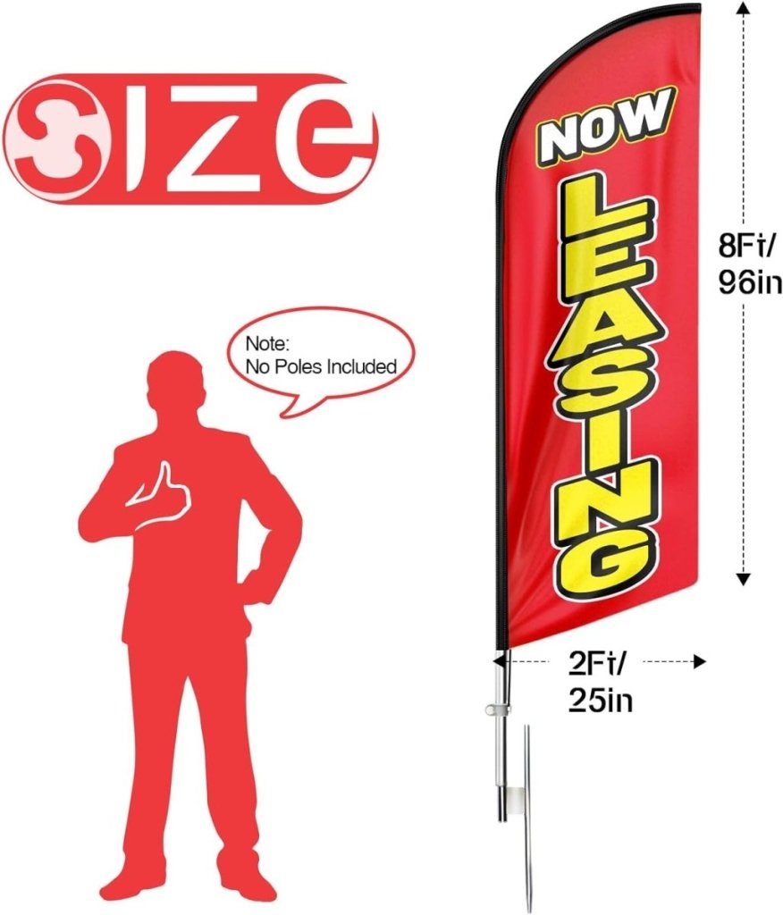 Now Leasing 8FT Red Feather Flag - For Rent Sign（Flagpole Not Included） - FSFlag