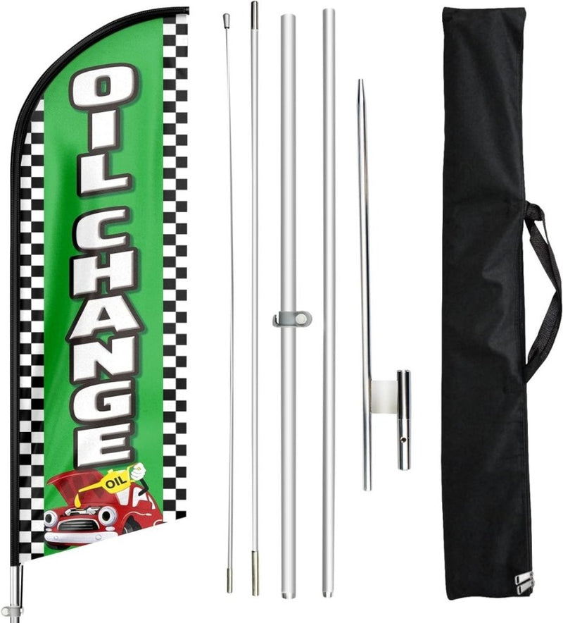 Oil Change Sign - 11Ft Oil Change Feather Flag Pole Kit with Ground Stake - FSFlag