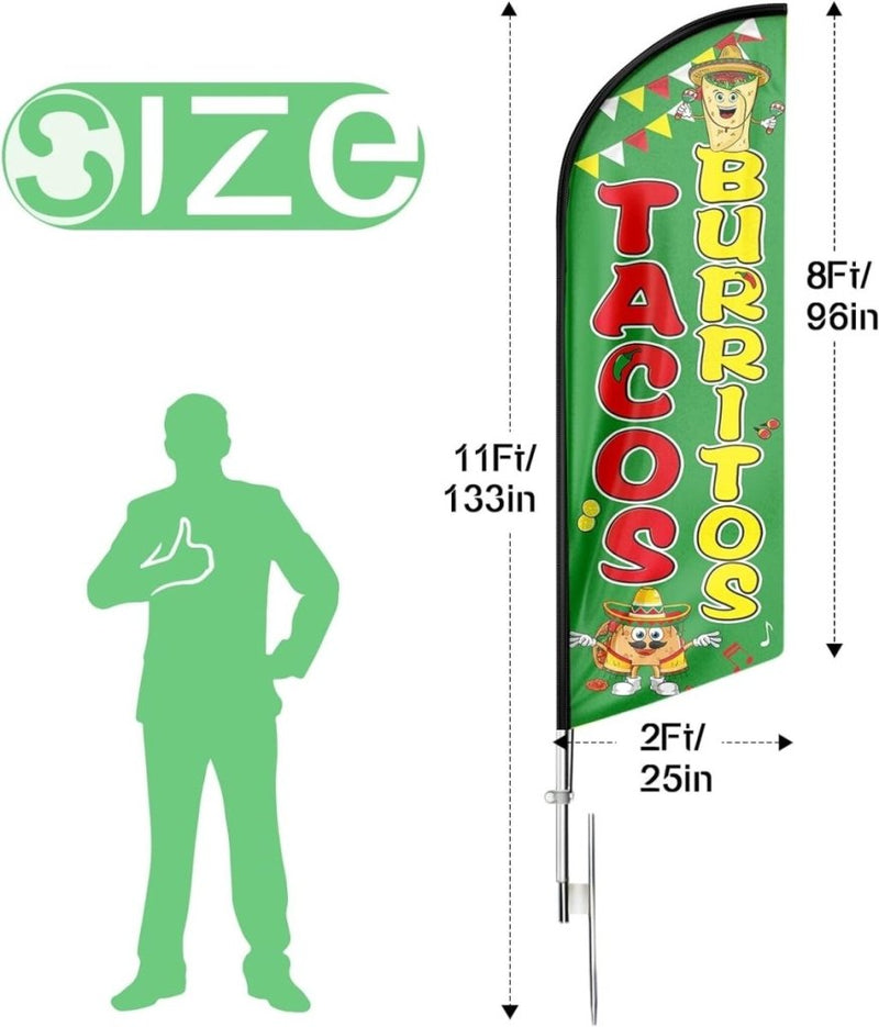 Tacos Sign - 11ft Tacos Burritos Feather Flag with Flag Pole and Ground Stake - FSFlag