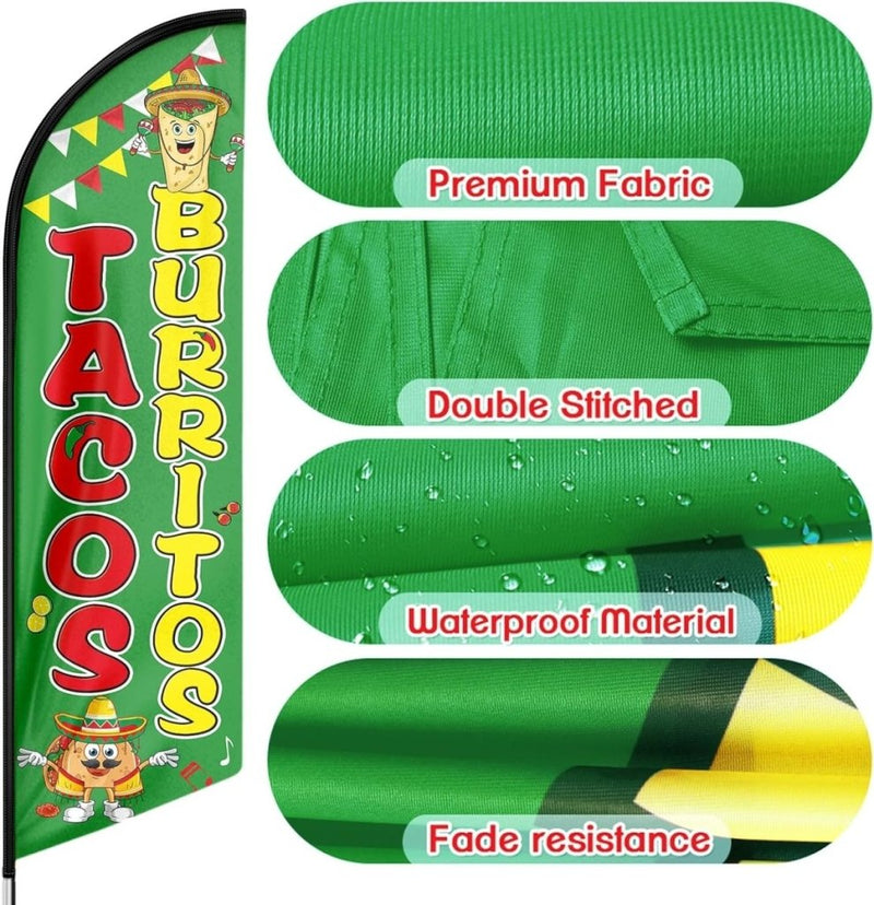 Tacos Sign - 11ft Tacos Burritos Feather Flag with Flag Pole and Ground Stake - FSFlag