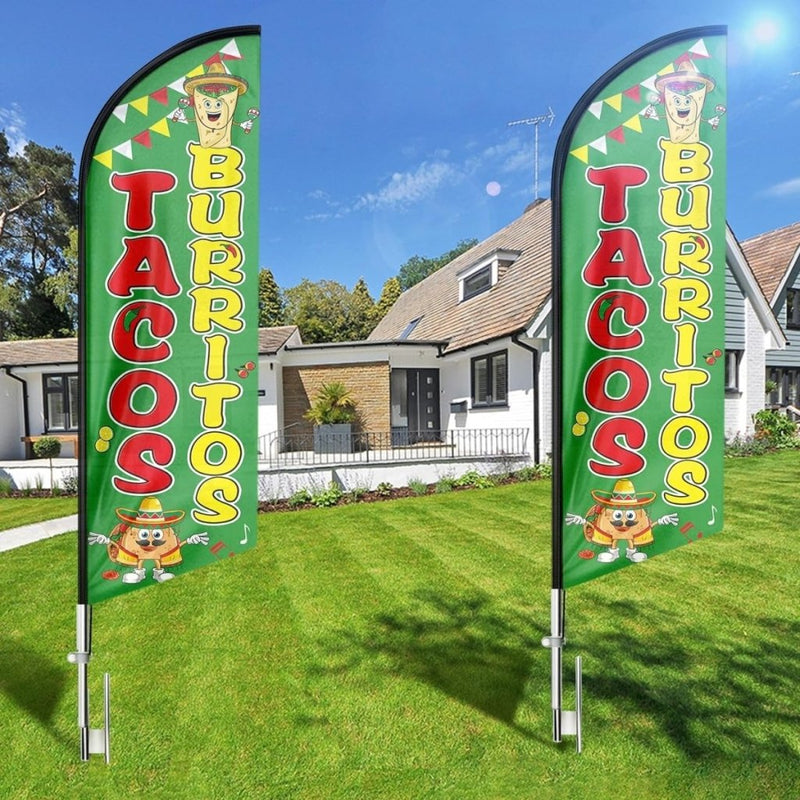 Tacos Sign - 11ft Tacos Burritos Feather Flag with Flag Pole and Ground Stake - FSFlag