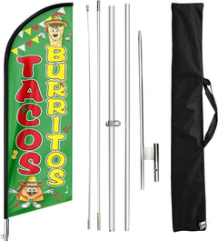 Tacos Sign - 11ft Tacos Burritos Feather Flag with Flag Pole and Ground Stake - FSFlag