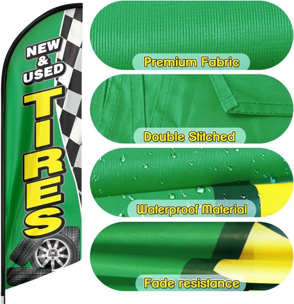 Tire Shop Flags - 8ft Green New&Used Tires Feather Flag for New&Used Tires Business（Flagpole Not Included） - FSFlag