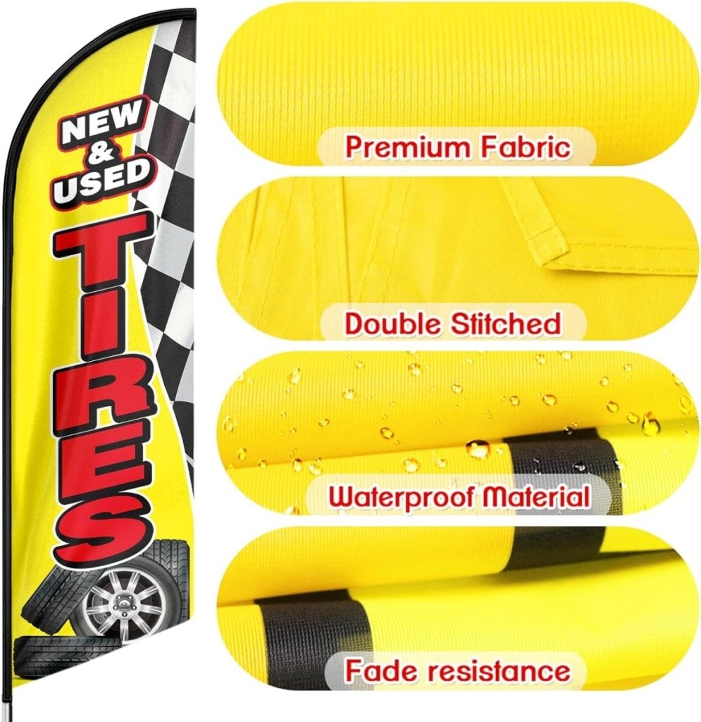Tire Shop Flags - 8ft Yellow New&Used Tires Feather Flag Pole Kit（Flagpole Not Included） - FSFlag