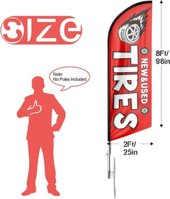 Tire Shop Signs - 8ft Red New and Used Tires Feather Flag for Tires Business（Flagpole Not Included） - FSFlag