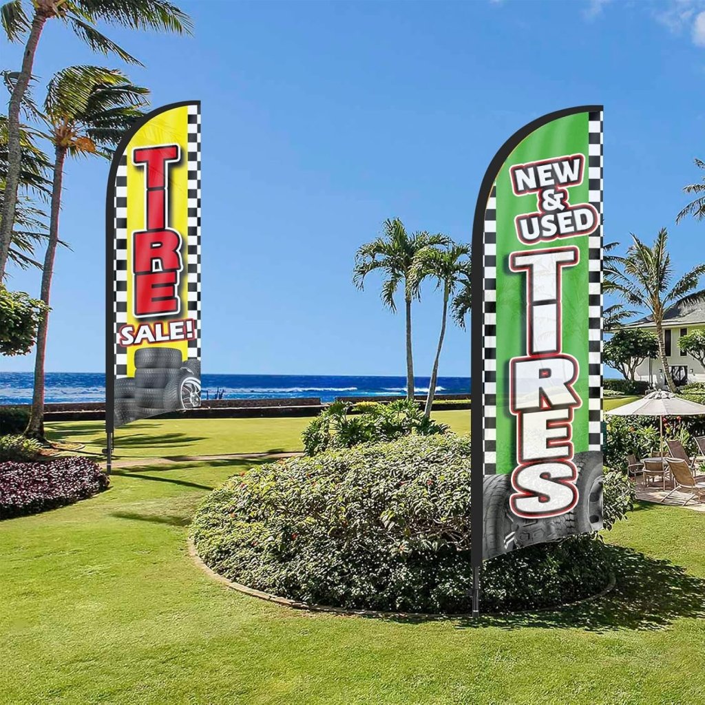 Tire Signs For Sale - 8FT Feather Banners Sign for New Used Tires Sale 2Pack