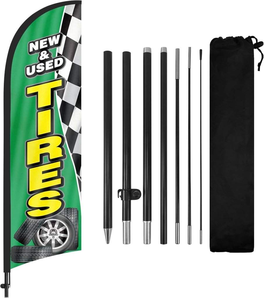 Tire Signs For Sale - 8Ft Green New & Used Tires Feather Flag with Pole & Stake