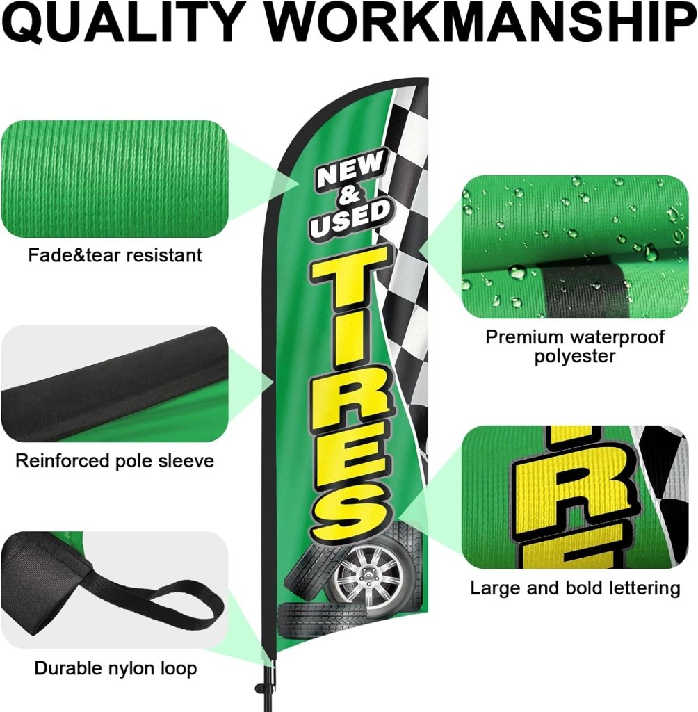 Tire Signs For Sale - 8Ft Green New & Used Tires Feather Flag with Pole & Stake