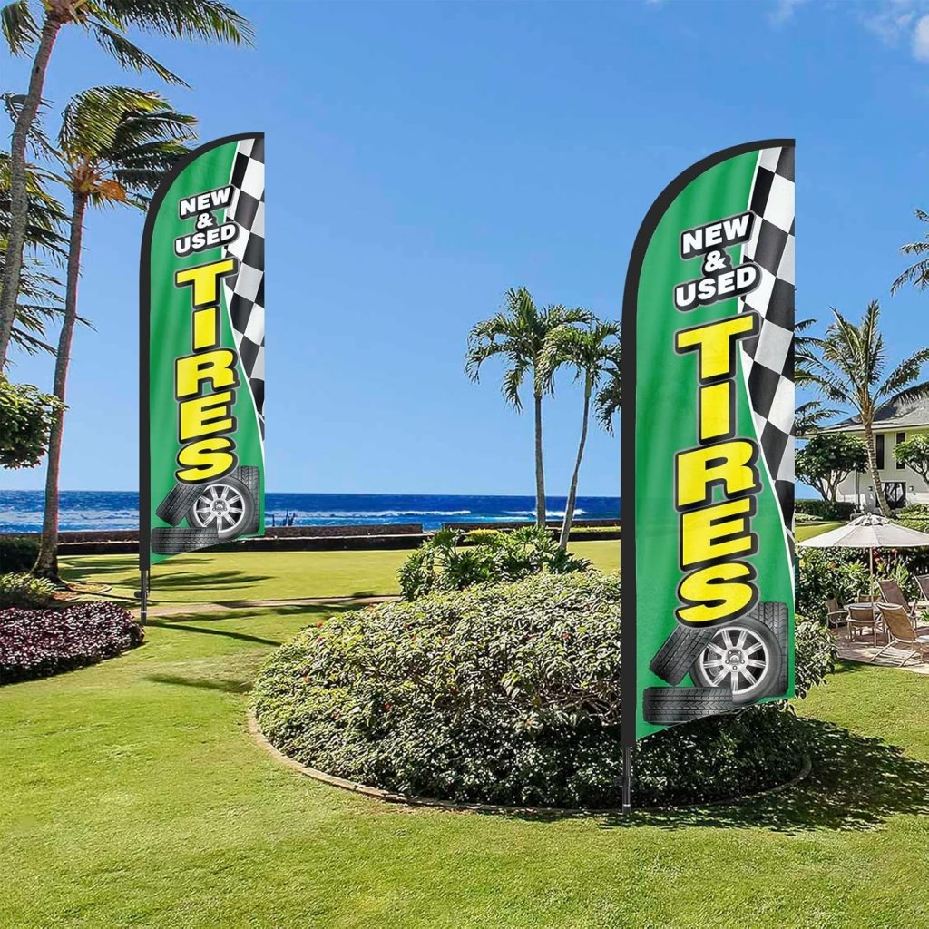 Tire Signs For Sale - 8Ft Green New & Used Tires Feather Flag with Pole & Stake