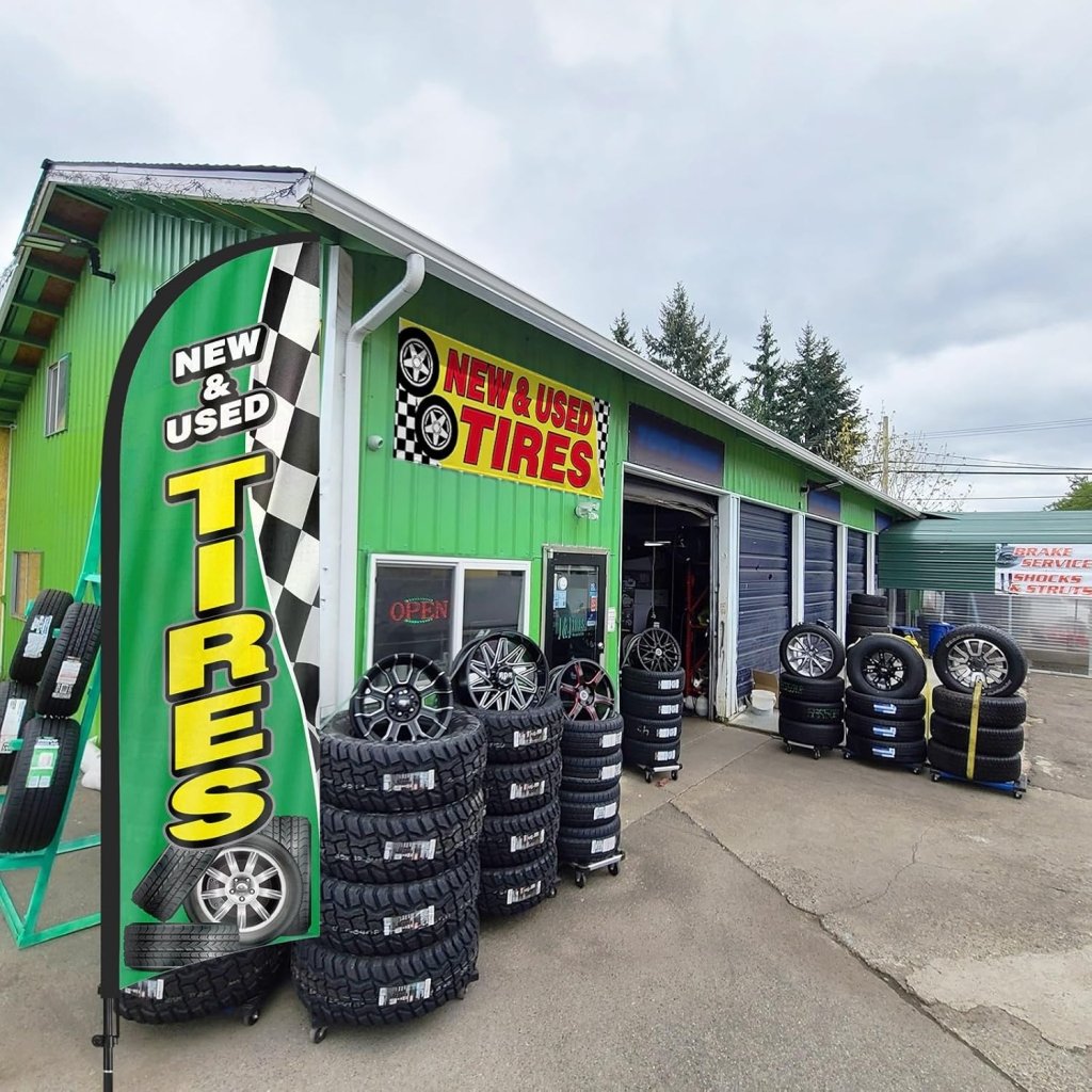 Tire Signs For Sale - 8Ft Green New & Used Tires Feather Flag with Pole & Stake