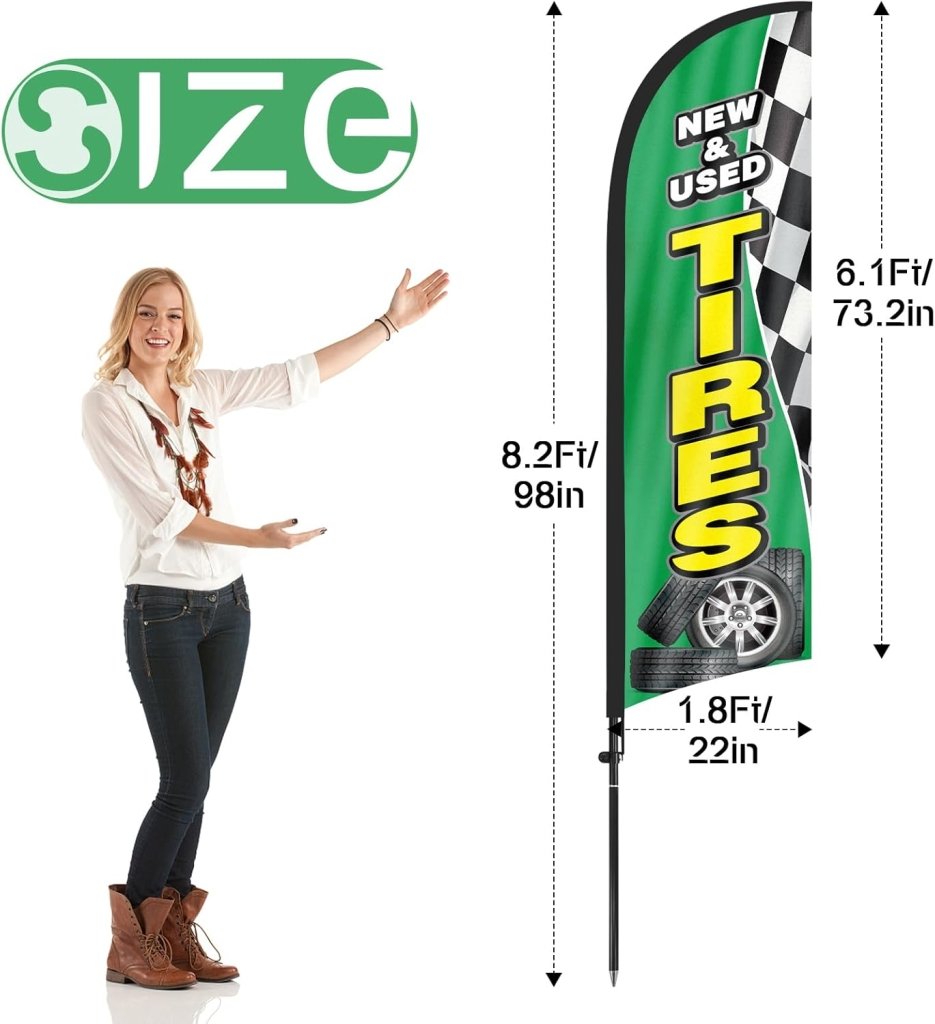 Tire Signs For Sale - 8Ft Green New & Used Tires Feather Flag with Pole & Stake